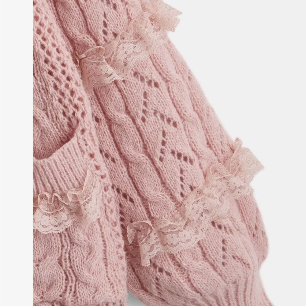 Romwe Kawaii Pink Cable Knit Lace Pearl Button Down Sweater Cardigan S - Picture 9 of 12